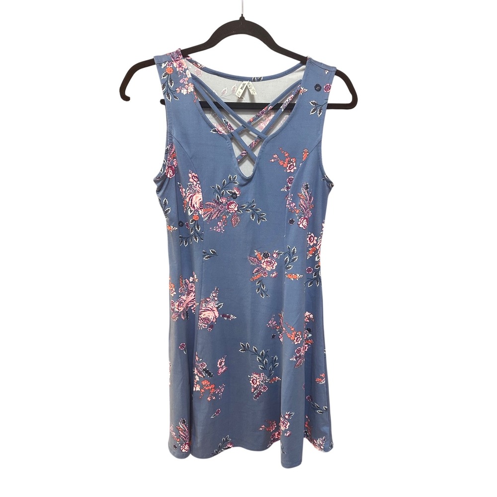 Mudd Womens Blue Floral Skater Dress Strappy Criss Cross Neck Sleeveless Size M